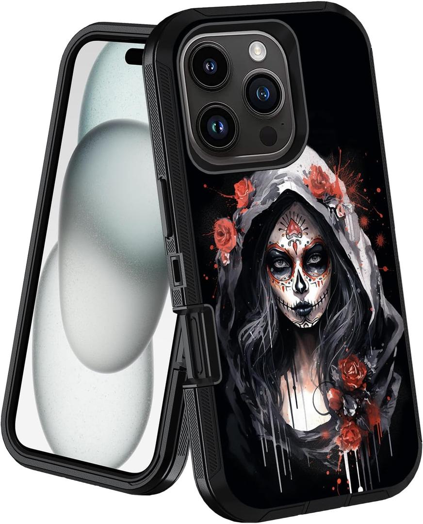 stmedazm for iPhone 16 Pro Max Case, Military Grade Heavy Duty [3-Layer] Dustproof Shockproof Drop Full-Body Protective Case for iPhone 16 Pro Max (6.9", 2024), Watercolor Art Sugar Skull Girl Flower