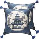bilin gaier Chinoiserie Throw Pillow Covers Set of 2,Classic Chinoiserie Blue and White with Pavilion Pattern Linen Throw Pillowcases,Decorative Square Cushion Covers for Couch Bed Car,18x18 Inches