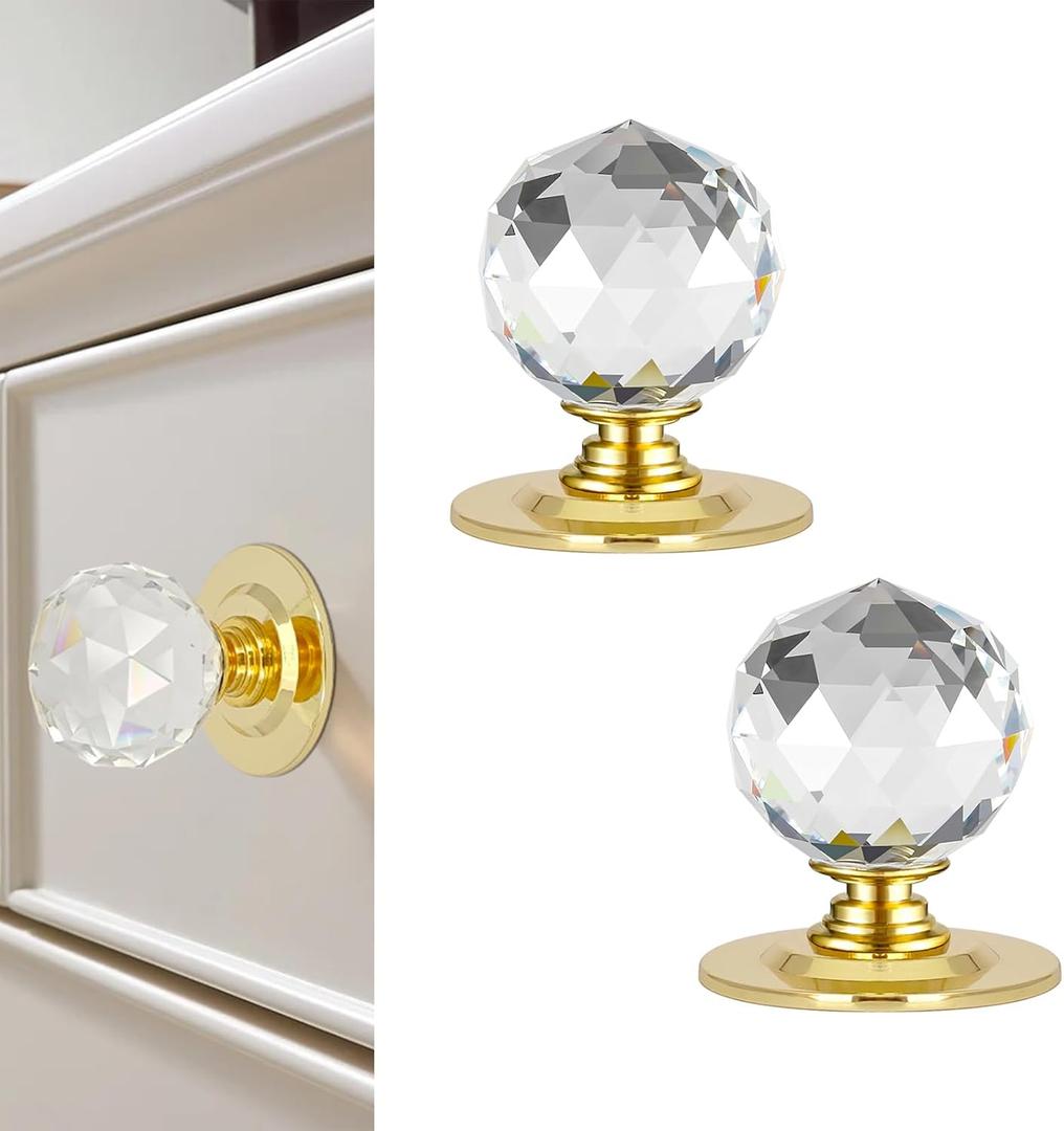 1-3/5 Inch Round Clear Crystal Self Adhesive Knobs 40mm Ball Cabinet Handles for Drawers Mirrors Cupboards Glass Sliding Doors Windows Staircase Corner Decor Peel and Stick Pulls (2, Gold)