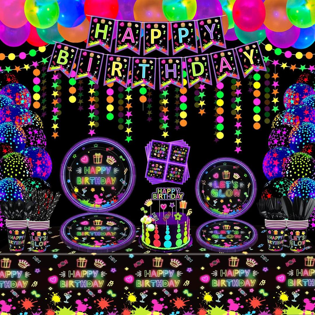 228 Pack Glow Neon Party Supplies Glow in The Dark Party Decorations BlackLight Party Tableware Set - Plates, Black Light Banners, Fluorescent Balloons, Graffiti Tablecloth, Garland, Napkins Serves 20
