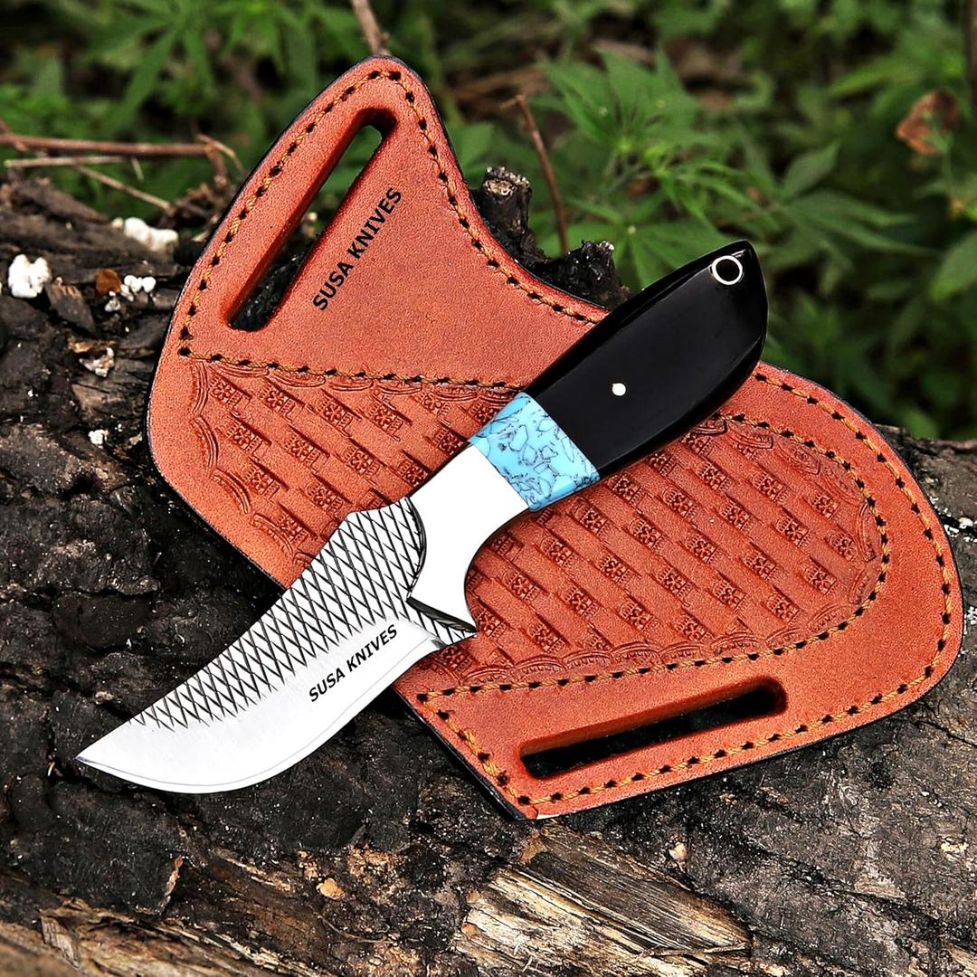 Custom Handmade 7'' fixed blade hoof rasp knife Cow boy knife Turquoise Handle Damascus steel Bull cutter, cowboy knives with pancake leather sheath (BLACK HORN)