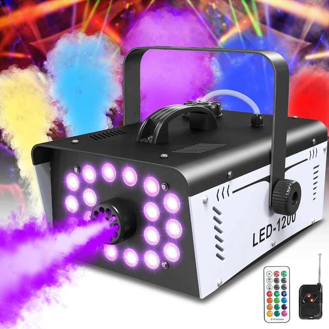 1200W Fog Machine Halloween Outdoor with 18 LED Lights 6000CFM Smoke Machine Fog Indoor with Remote for Wedding Party DJ Disco Stage (Black)