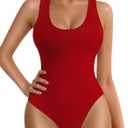 MANGOPOP Tank Top Scoop Neck Bodysuits for Women Sleeveless Racerback Ribbed Basic Bodysuit (Medium, Tank Top Red)