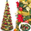 Decoway Pre Lit Pre Decorated Christmas Tree Pop Up with Remote Control, with Warm White & Colorful LED Lights,Holiday Party Decorations,Red Gold (6FT, Surround Ribbon)