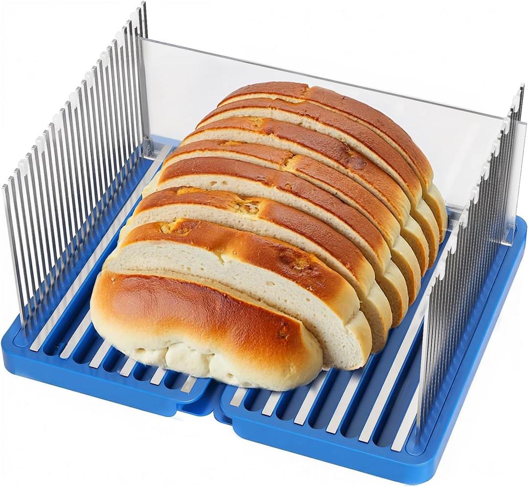 Bread Slicer for Homemade Bread, 304 Stainless Steel Bread Cutter, Adjustable Sourdough Slicer, Foldable Bread Slicing Guide for Loaf, Bagel, Sandwich, Cakes, Blue