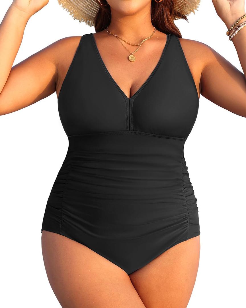 Aqua Eve Women Plus Size One Piece Swimsuits V Neck Tummy Control Bathing Suits Retro Ruched Swimwear Black 20 Plus