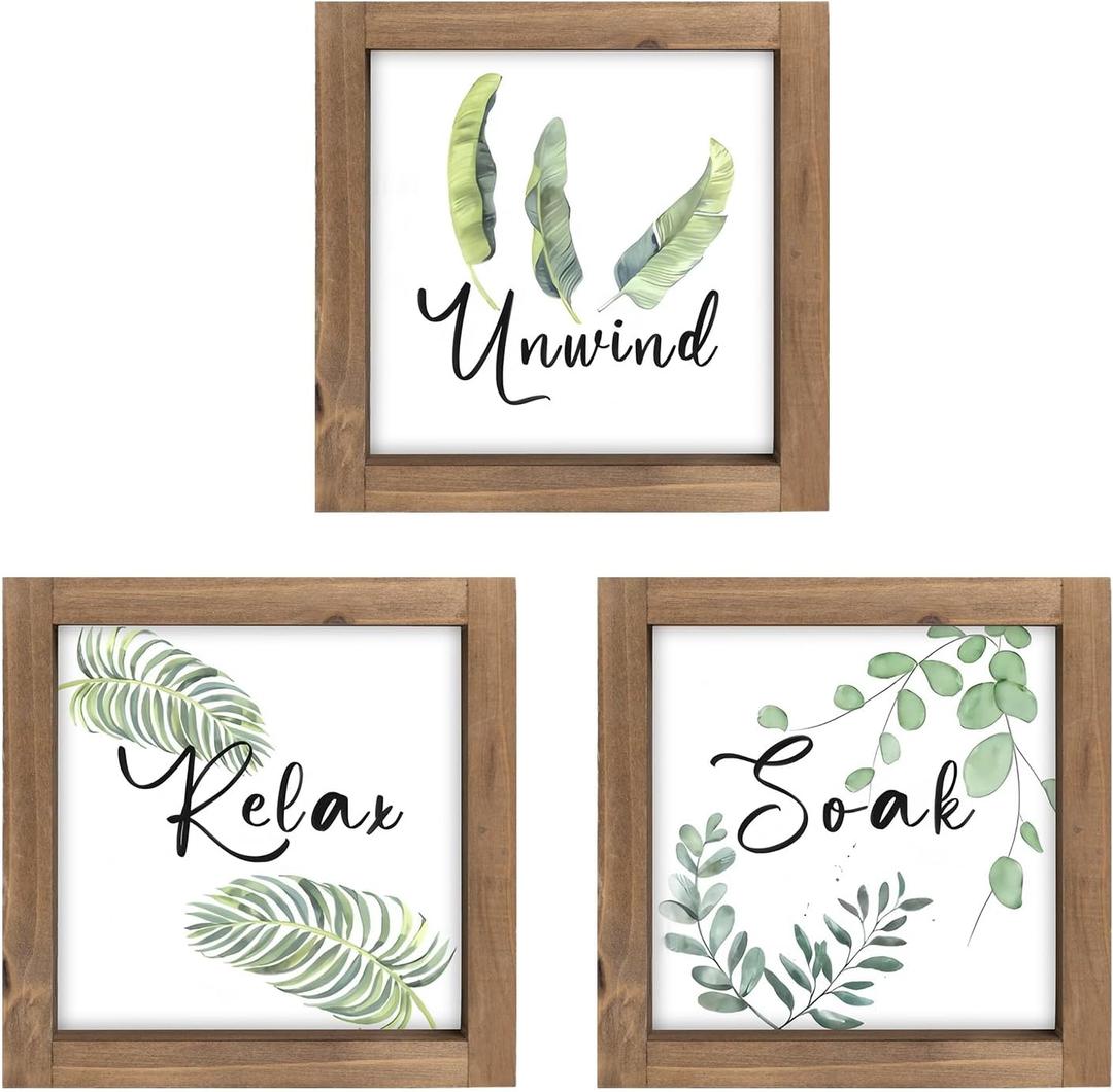 pechpell 3 Piece Relax Soak Unwind Wall Art Bathroom Signs, Wooden Sage Green Spa Bathroom Decor, Botanical Leaves Plant Pictures Indoor Restroom Shelf Table Bedroom Rustic Farmhouse Home Decorations