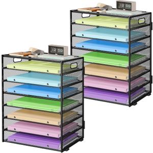 2 Pack 8 Tier Paper Organizer with Handle, Metal Mesh Desk File Organizer, Large Capacity Desk Organizers Paper Letter Tray Desktop Document Sorter for Office, Home or School - Black