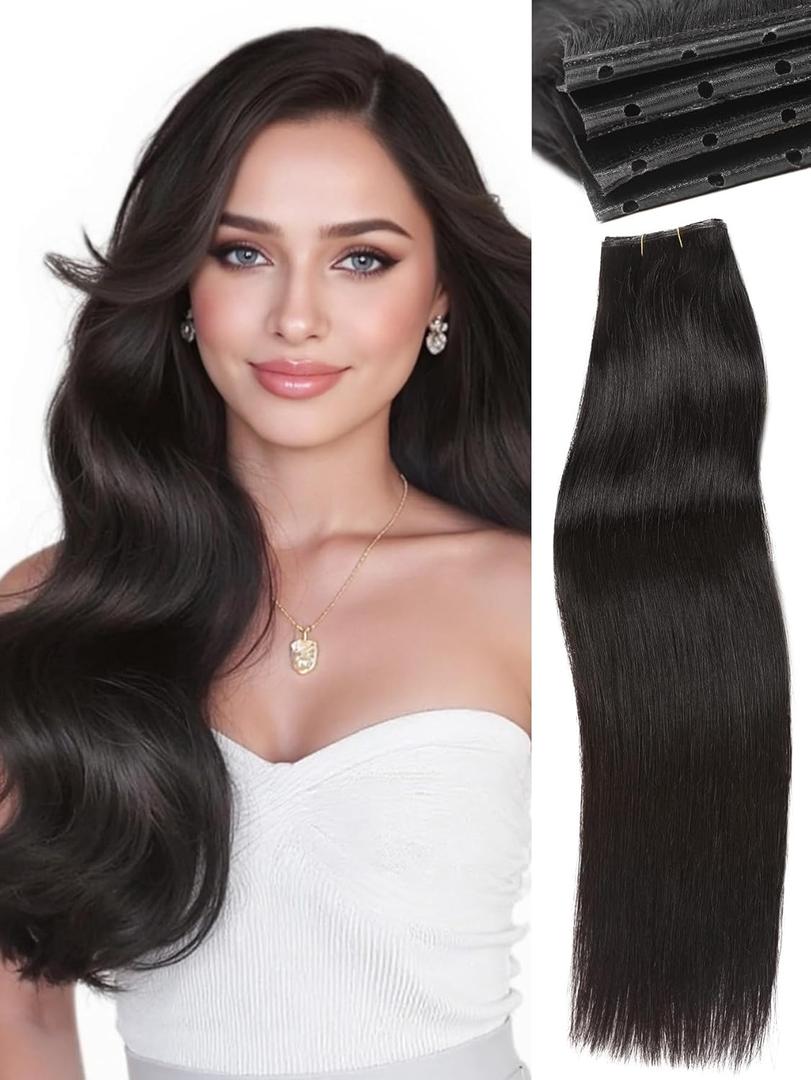 WIGNEE New Double Layered PU OVO Hair Extensions Natural Black Straight Human Hair weft with beads 100% Real Human Hair Extensions 20 Inch Seamless Micro Beads Human Hair Extensions Glueless (1B)