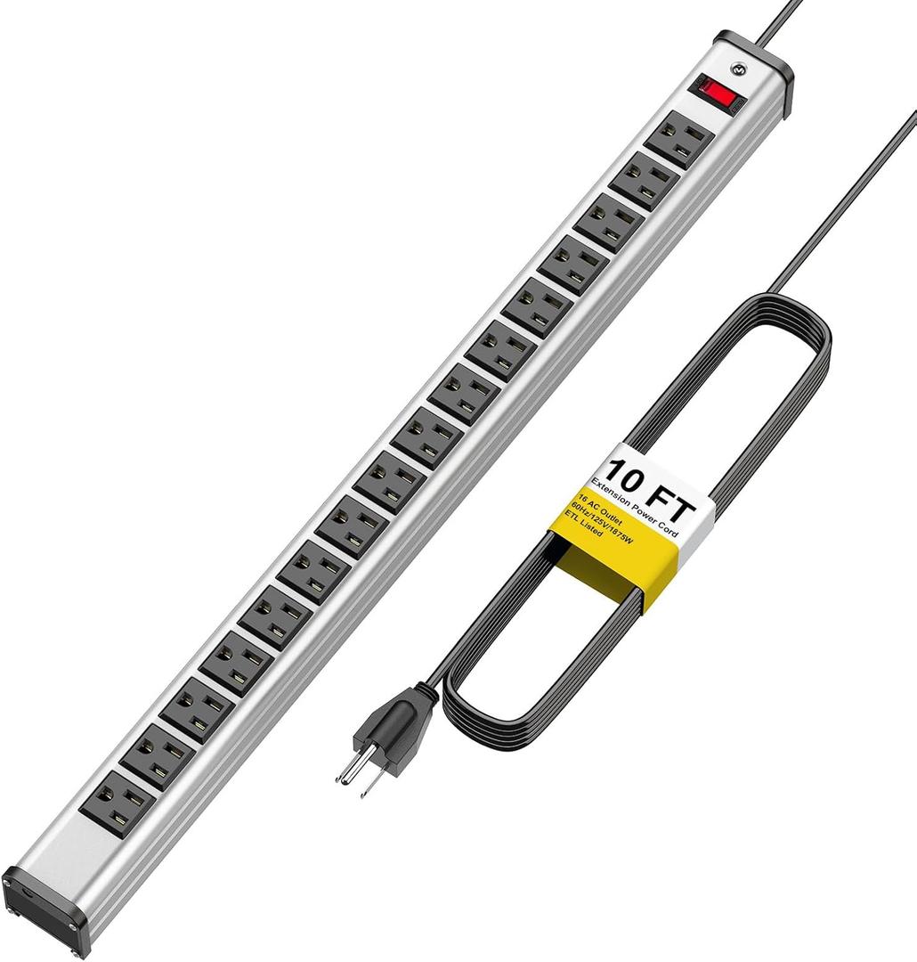Long Surge Protector Power Strip,16 Outlet Heavy Duty Power Strip Metal Power Bar,10 FT Long Extension Cord with Circuit Breaker for Garage, Workshop, Industrial(125V/1875W, ETL Listed)