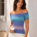 LilyCoco Off The Shoulder Tops for Women Striped Short Sleeve Sexy Going Out Top Multicolor Large (L)