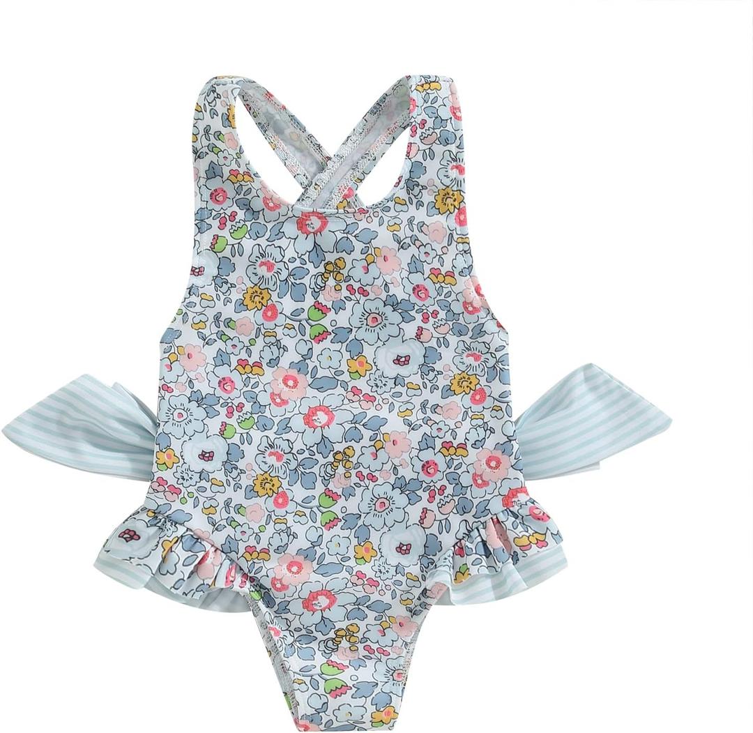 Toddler Swimsuit Girl Floral Sleeveless Backless One Piece Swimwear Little Girl Bathing Suits Baby Girl Beach Outfit (Blue Floral, 2-3 Years)