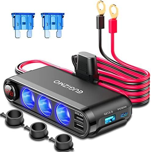 EUGIZMO 12V Cigarette Lighter Socket Splitter, 200W 3 Socket Multi Port Car Cigarette Lighter Adapter Plug Splitter USB Charger Auxiliary 12 Volt Power Outlet with Eyelet Terminal