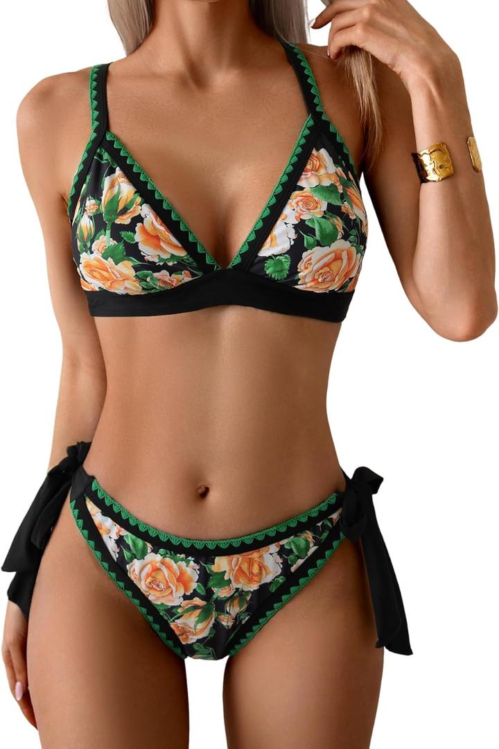 Bikini Sets for Women Floral Two Piece Bathing Suit V Neck Shell Stitched Swimsuit Tie Side Triangle Swimwear (Large, Yellow Floral Print)