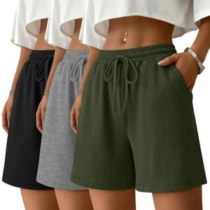 Yearntown 3 Pack Women's Sweat Shorts Ribbed Knit Elastic Waist Loose Fit Drawstring Comfy Lounge Summer Shorts with Pockets(Black, Gray, Army Green, Medium)