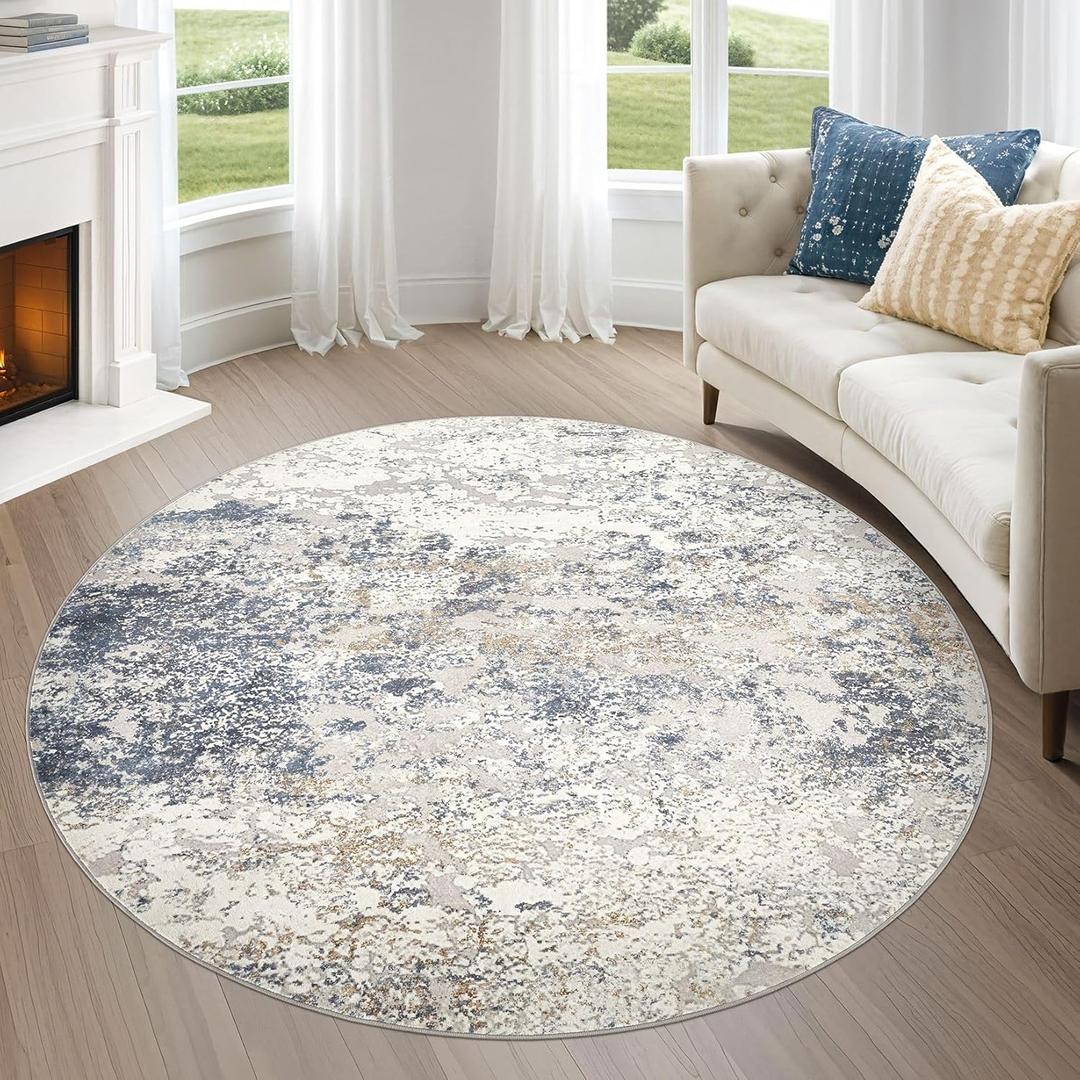 DMOYEST 6ft Round Area Rug Living Room Rugs - 6x6 Washable Large Soft Indoor Modern Abstract Low Pile Rug Carpet for Bedroom Dining Room Farmhouse Home Office - Beige Blue