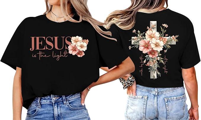 Jesus is The Light Shirt Floral Christian Shirt Women XL Black
