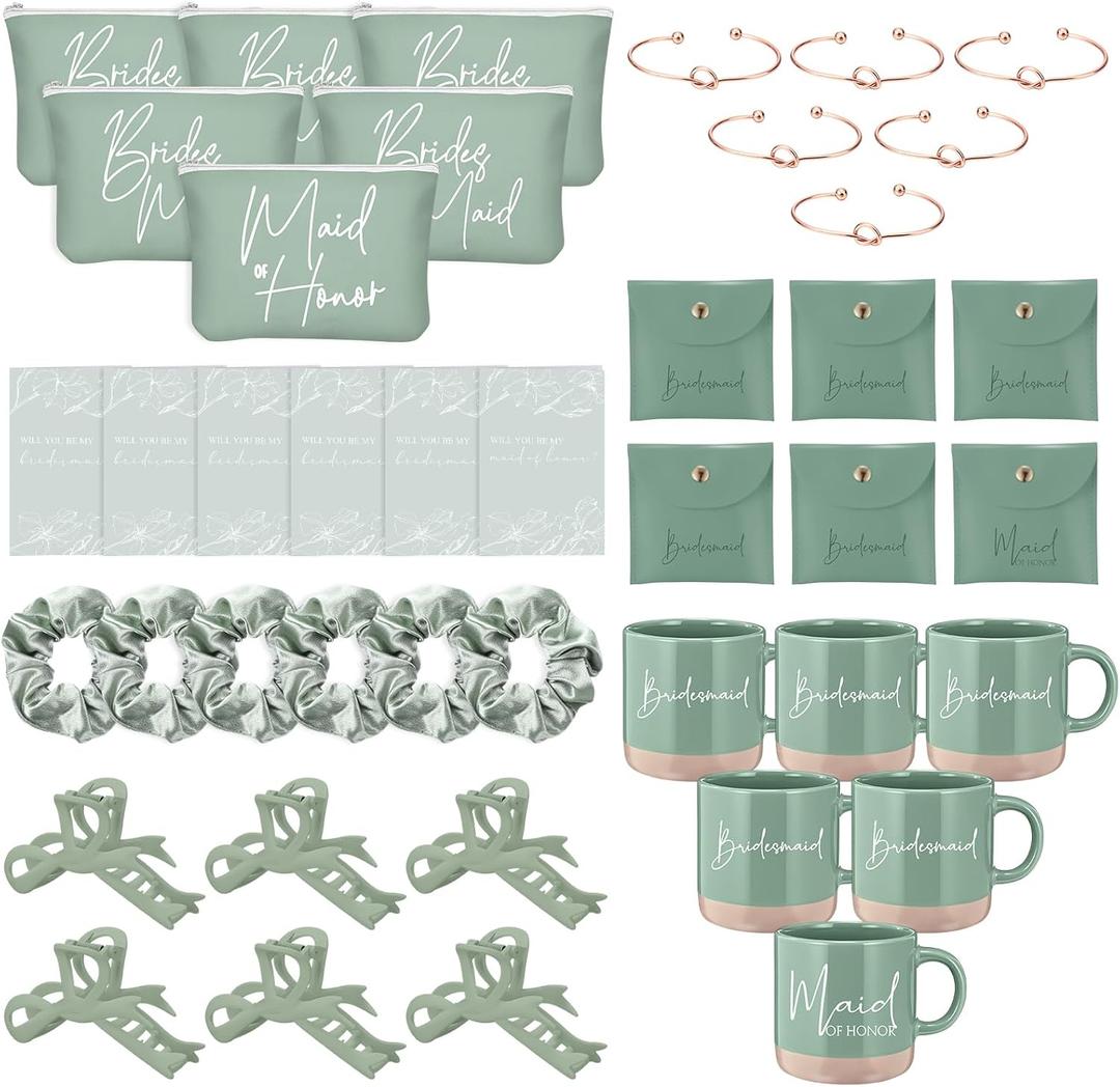 42 Pcs 6 Sets Bridesmaid Proposal Gifts Wedding Maid of Honor Gifts Ceramic Coffee Cups Cosmetic Makeup Bags Invited Cards Scrunchies Knotted Bracelets Jewelry Bags Hair Claw Clips (Green)