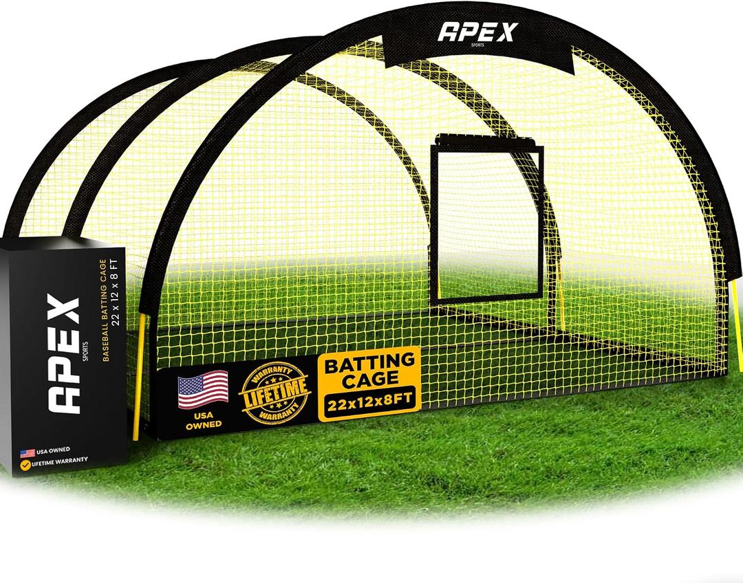 Apex Sports Portable 22ft x 12ft x 8ft Baseball & Softball Batting Cage with Pitching Machine Hole, 3ply 1.25'' Yellow Netting, Secure Steel Poles, 12.7MM Fibreglass Poles, Carry Bag Included