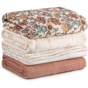 Muslin Swaddle Blankets for Newborn, 4 Pack Cotton Baby Blanket, Large 31.5 x 43.3 inch Breathable Soft Receiving Blanket, Essentials Swaddle Wrap Burping Clothes, Vintage Flowers (Chocolate Retro Floral)
