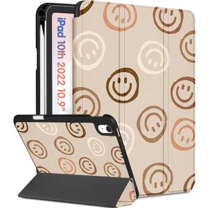 for iPad A16 Case 2025 - for iPad 10th Generation Case Cute Women Girls Kids Girly Kawaii Teens Smile Design Pencil Holder Auto Sleep/Wake Tablet Cover for Apple 11/10 10.9 Inch