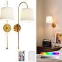 Battery Operated Wall Sconce Set of 2, Rechargeable Wireless Wall Decor Sconces, Two Battery Powered Wall Lights, Dimmable Magnetic RGB Bulbs & Remote, Lamp for Living Room Bedroom - Gold
