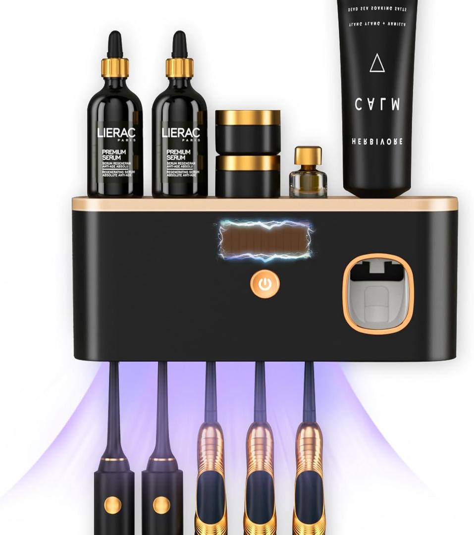 Toothbrush Holders for Bathrooms, Toothbrush Holder Wall Mounted with Toothpaste Dispenser, Rechargeable Cordless Wall Mounted Tooth Brushing Holder (Black Rose Gold)