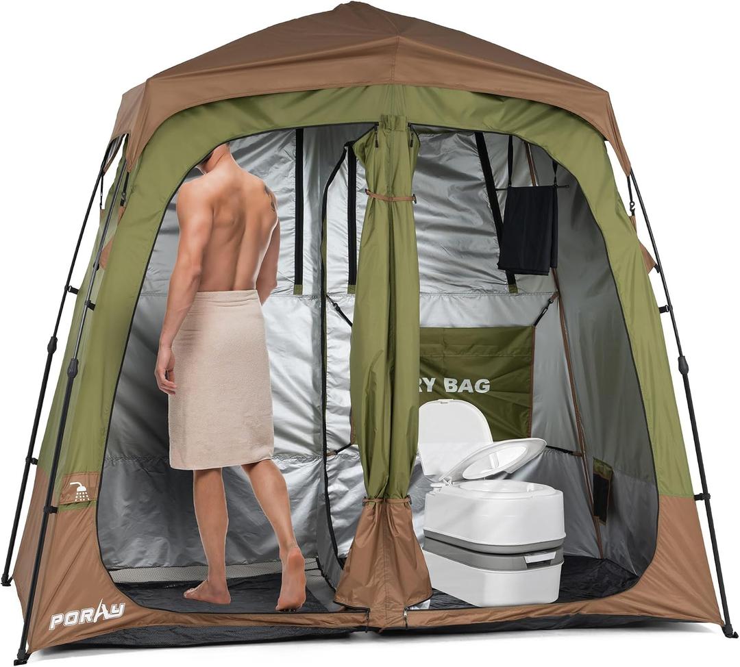 Porayhut Camping Shower Tent Deluxe Changing Room Easy Set Up Privacy Shelter,Large Toilet Tent with Floor Drain Design for Beach, Camping,Hiking with Stakes and Ropes for Stability, Avocado Green
