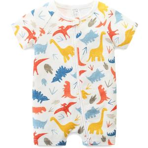 Gender Neutral Baby Clothes Cotton Short Sleeve Pants Double Zipper Footless Coming Home Outfit Boy Girl (6-9 Months, Colorful Dinosaur)