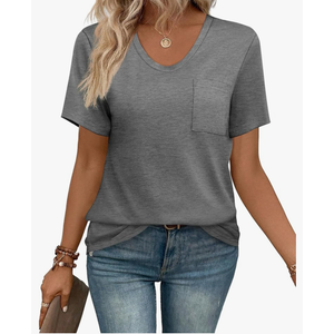 WIHOLL Women Summer T Shirts Short Sleeve Rounded V Neck Pocket Tee Tops M Gray