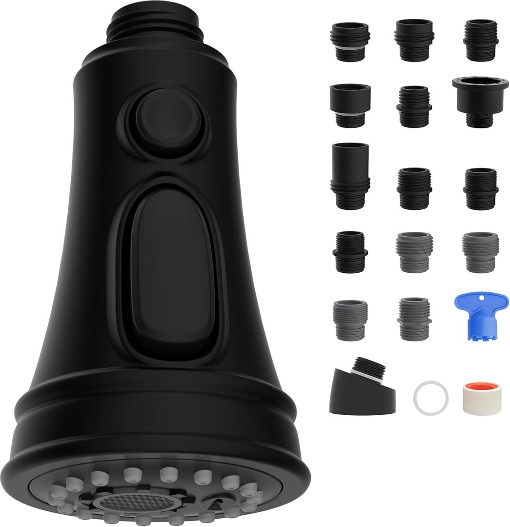 Hibbent Kitchen Faucet Head Replacement, Pull Down Spray Head, 3 Function Faucet Sprayer Nozzle with 15 Adapters, Matte Black