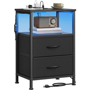 SONGMICS BELLAH Collection - Nightstand with Charging Station and App-Controlled Adjustable LED Lights, Bed Side Table, 2 Drawer and 1 Open Shelf, Bedroom, Ink Black and Ebony Black ULGS302BH01S, 11.8" X 15.6" X 23.8"