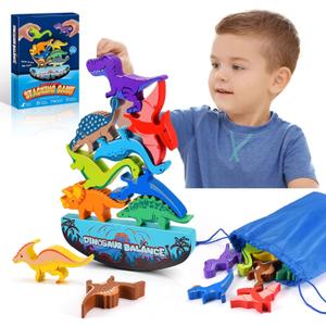 IPOURUP Dinosaur Toys for Kids 3-5: Wooden Stacking Montessori Toys for 3 4 5 6 7 8 Year Old Boys Girls Birthday Gifts for Kid Ages 4-8 Balance Competition Game for Family Stocking Stuffers