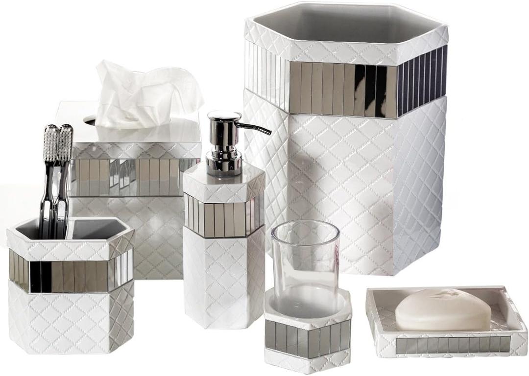 Creative Scents Quilted Mirror White Bathroom Accessories Set - Decorative 6 Piece Bathroom Set Includes: Trash Can, Tissue Box Cover, Soap Dispenser, Toothbrush Holder, Tumbler & Soap Dish