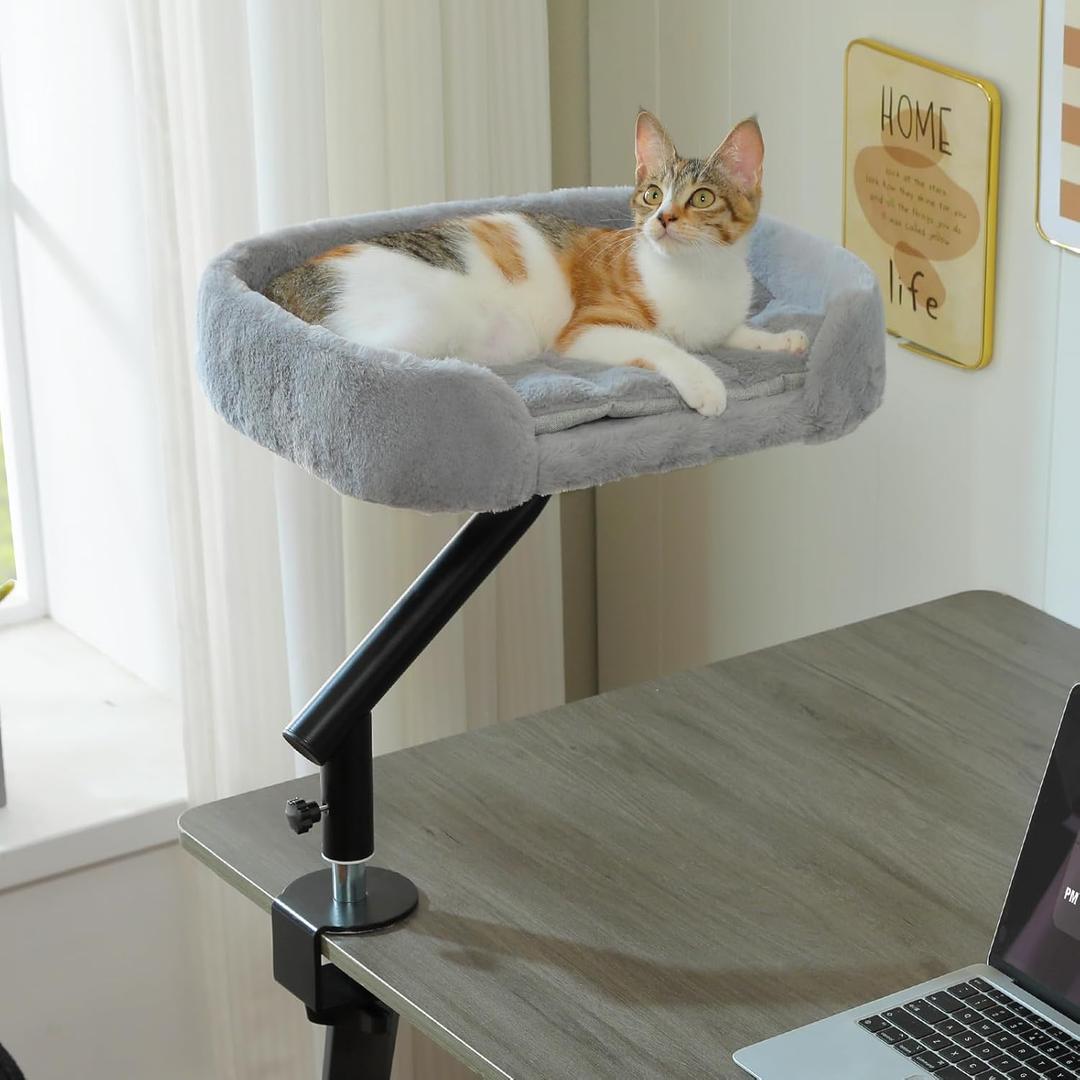 PAWZ Road Cat Desk Bed for Indoor Cats, Cat Bed for Desk Supports Up to 50 lbs, 360 Rotation & Adjustable, Nest Desktop Attachment Cats Hammock for Table, Gray