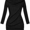 Women's Sexy Off Shoulder Midi Dress Long Sleeve Bodycon Ruched Cocktail Party Dresses Medium