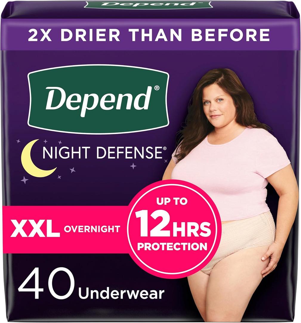 Depend Night Defense Adult Diapers, Incontinence & Postpartum Bladder Leak Underwear for Women, Disposable, Overnight, XXL, Blush, 40 Count (4 Packs of 10)