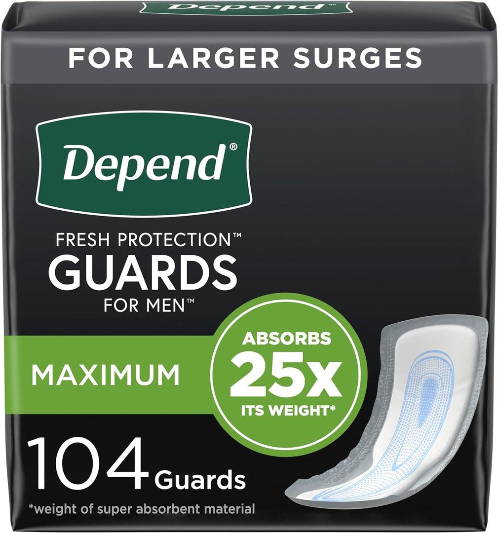 Depend Incontinence Guards/Incontinence Pads for Men/Bladder Control Pads, Maximum Absorbency, 104 Count (2 Packs of 52), Packaging May Vary (One Size)
