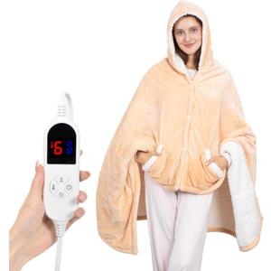 DAILYLIFE Wearable Heated Blanket, 40"x70" Eletric Throw with 6 Heating Levels and 12 Hours Timer, Heated Wrap Poncho Shawl & Hoodies with Pockets, Machine Washable with ETL Certification, Beige