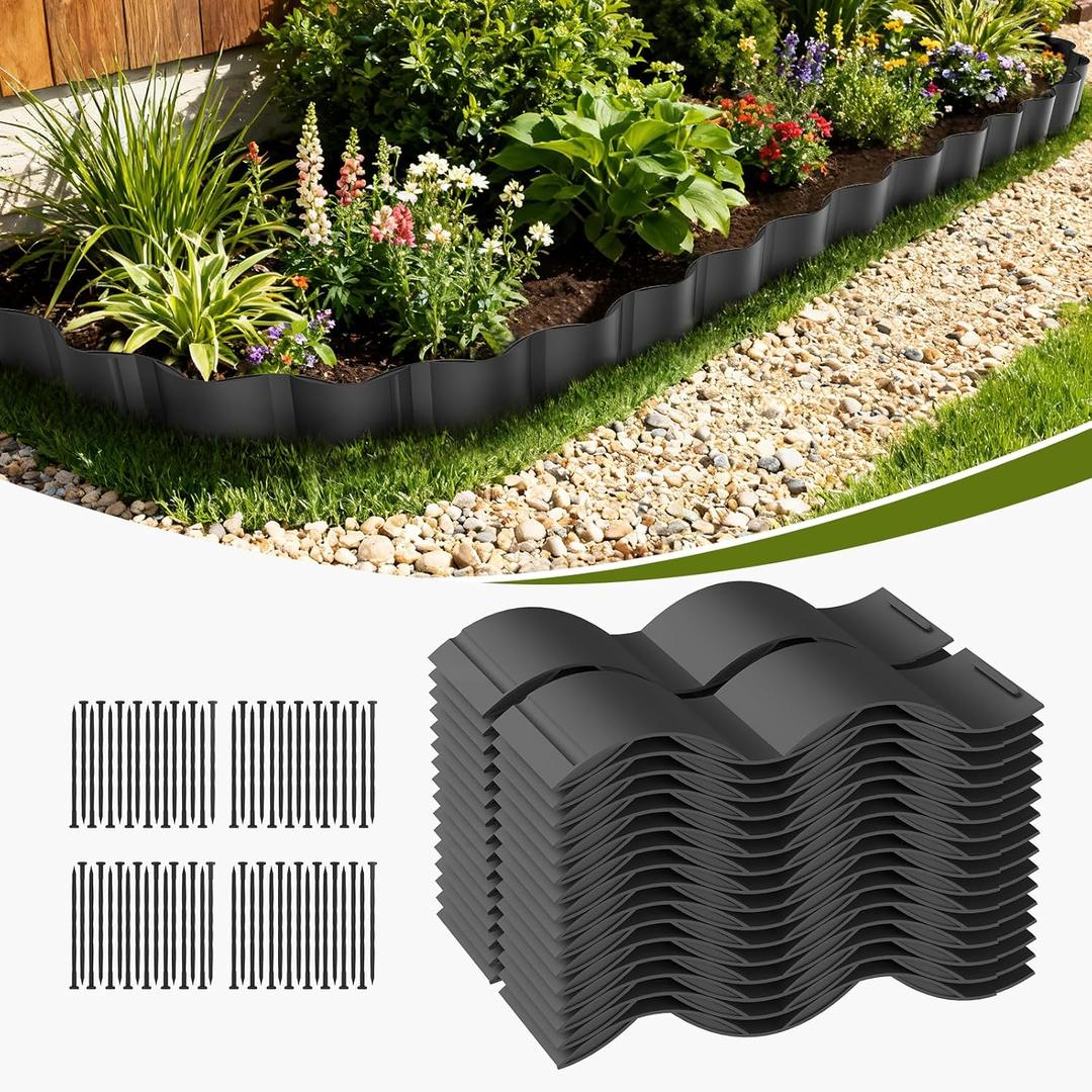 Mars Villa Wavy Landscape Edging, 6IN Tall 40FT Garden Edging Border with 64 Anchoring Stakes, No Dig Decorative Plastic Interlocking Tile, Thickened Edging for Lawn, Flower Bed, Yard (Black, 32PCS)