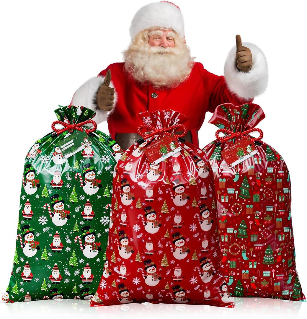 Large Christmas Gift Bags 56x36" Oversized - 3 Pack Holiday Gift Wrap with Tag & Rope - Upgraded Thicker Plastic Material for Wrapping Big Presents Xmas Party (red and green 293)