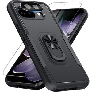 for Google Pixel 9a Case with Screen Protector+Camera Lens Protector,Heavy Duty Shockproof Full Body Protective Cover Built in Rotatable Metal Ring Holder Kickstand,2025 Black Matte for Google Pixel 9a Case with Screen Protector+Camera Lens Protector,Heavy Duty Shockproof Full Body Protective Cover Built in Rotatable Metal Ring Holder Kickstand,2025 Black Matte