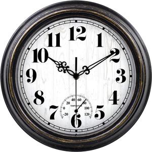 zyzamay 12 Inch Indoor Outdoor Clocks,Waterproof Wall Clock with Thermometer,Easy to Read,Non-Ticking Battery Operated Quality Quartz Clock, Decorative for Patio,Porch,Pool,Bathroom(BlackGold)