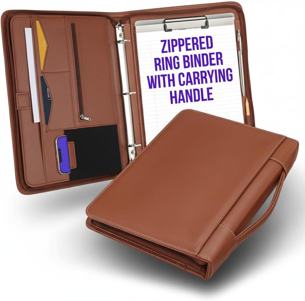 STYLIO Zipper Portfolio Binder with Carrying Handle | Removable 3-Ring Binder (1") w/Clipboard Padfolio | Organizer for Documents, iPad, Tablet, Phone, Notebook| Business Leather Folder for Men Women (21.5" x 13.5" (opened up), Tan)
