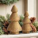 DN DECONATION Gold Christmas Tree Figurines, Natural Rattan Style Tabletop Christmas Decor, Set of 2 Resin Xmas Trees for Home, Mantel, Desk, Holiday Centerpiece