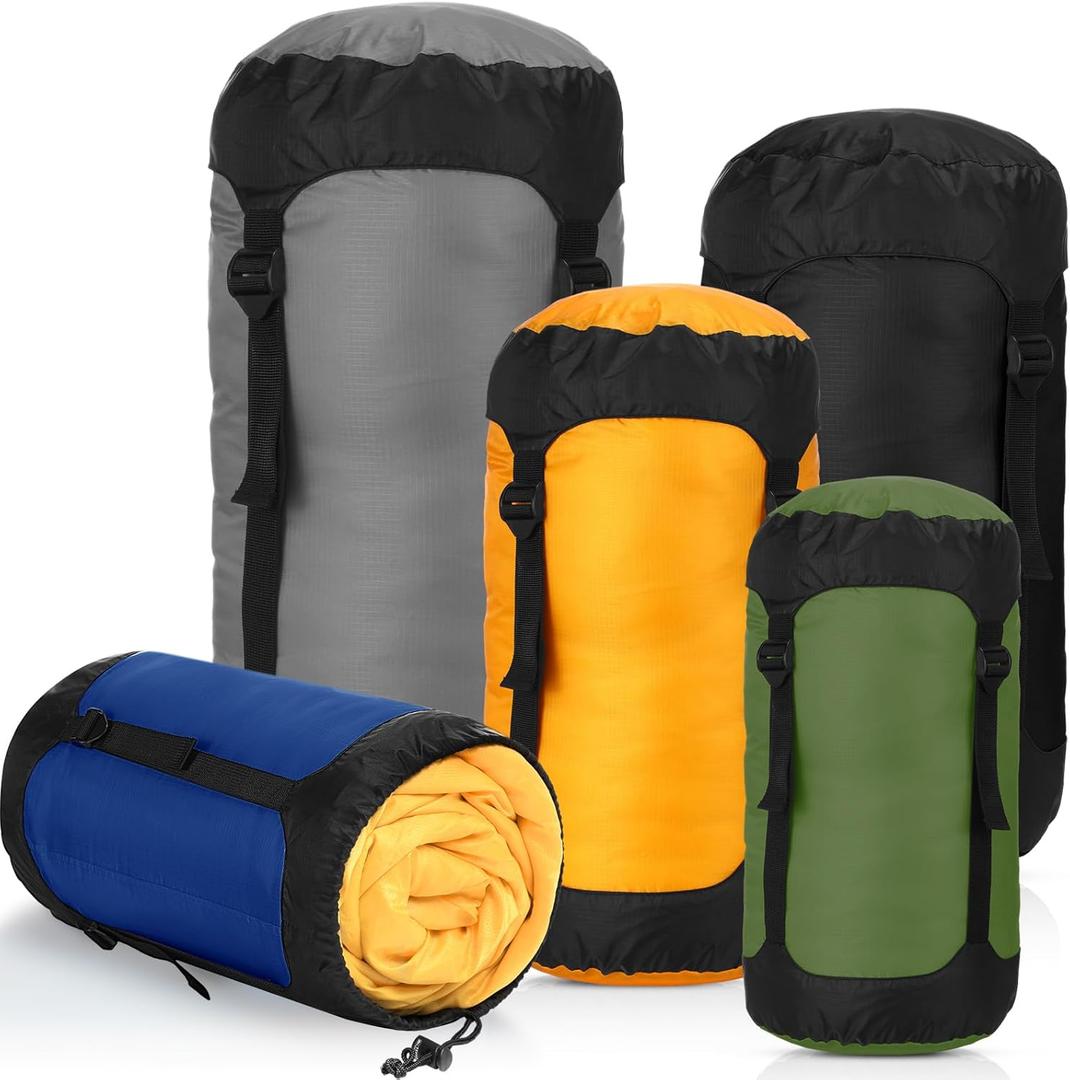 5 Pcs Compression Sacks for Backpacking 5L/10L/15L/20L/35L Camping Sleeping Bag Stuff Sack Water Resistant Sleeping Bag Storage Sack for Space Saving Hiking Gear (Dark Colors)