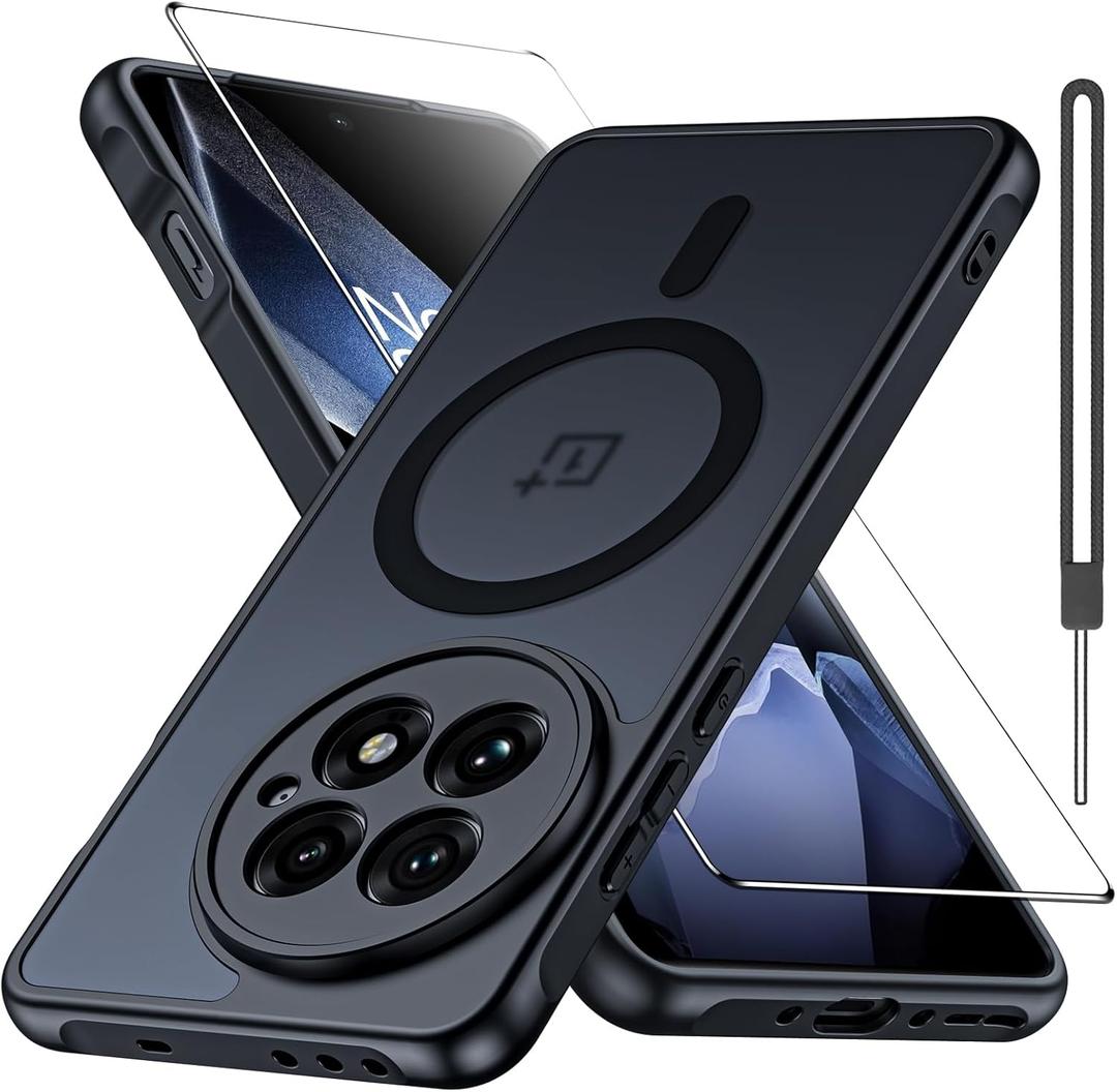 Matte Case for Oneplus 13R 5G with Screen Protector, Compatible with Magsafe,[Wrist Strap] Magnetic Shockproof Military Drop Protection Translucent Back Slim Bumper Phone Cover(Black)
