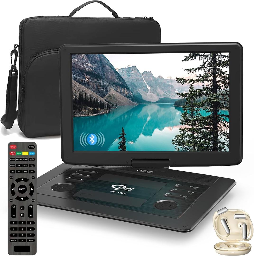 18" Portable DVD Player with Bluetooth Headset,15.6" HD Swivel Screen with Extra Carrying Bag,Support AV-in/Out and Multiple Disc Formats,High Volume Speaker,Black,[Not Support Blu-Ray]