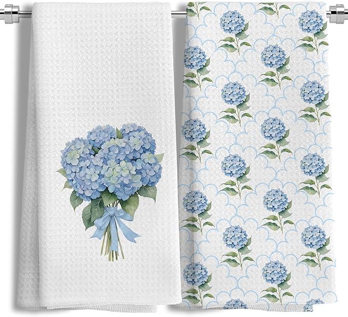 YLZlhb Spring Hydrangea Decor Kitchen Towels Set of 2, Spring Floral Hand Tea Towels for Bathroom Kitchen 16x24 Inch, Blue Hydrangea Decor