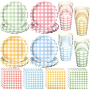 96 Pcs Gingham Dessert Paper Plates And Napkins/Cup Set - 9 Inch 4 Color(Red/Blue/Green/Yellow) Small Scalloped Disposable Paper Plate - Disposable Gingham Party Supplies - For Picnic Wedding Birthday